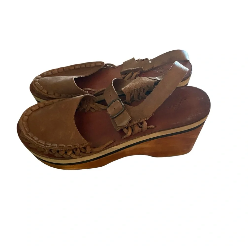 Free People Brown Leather Woven Platform Clog Mules